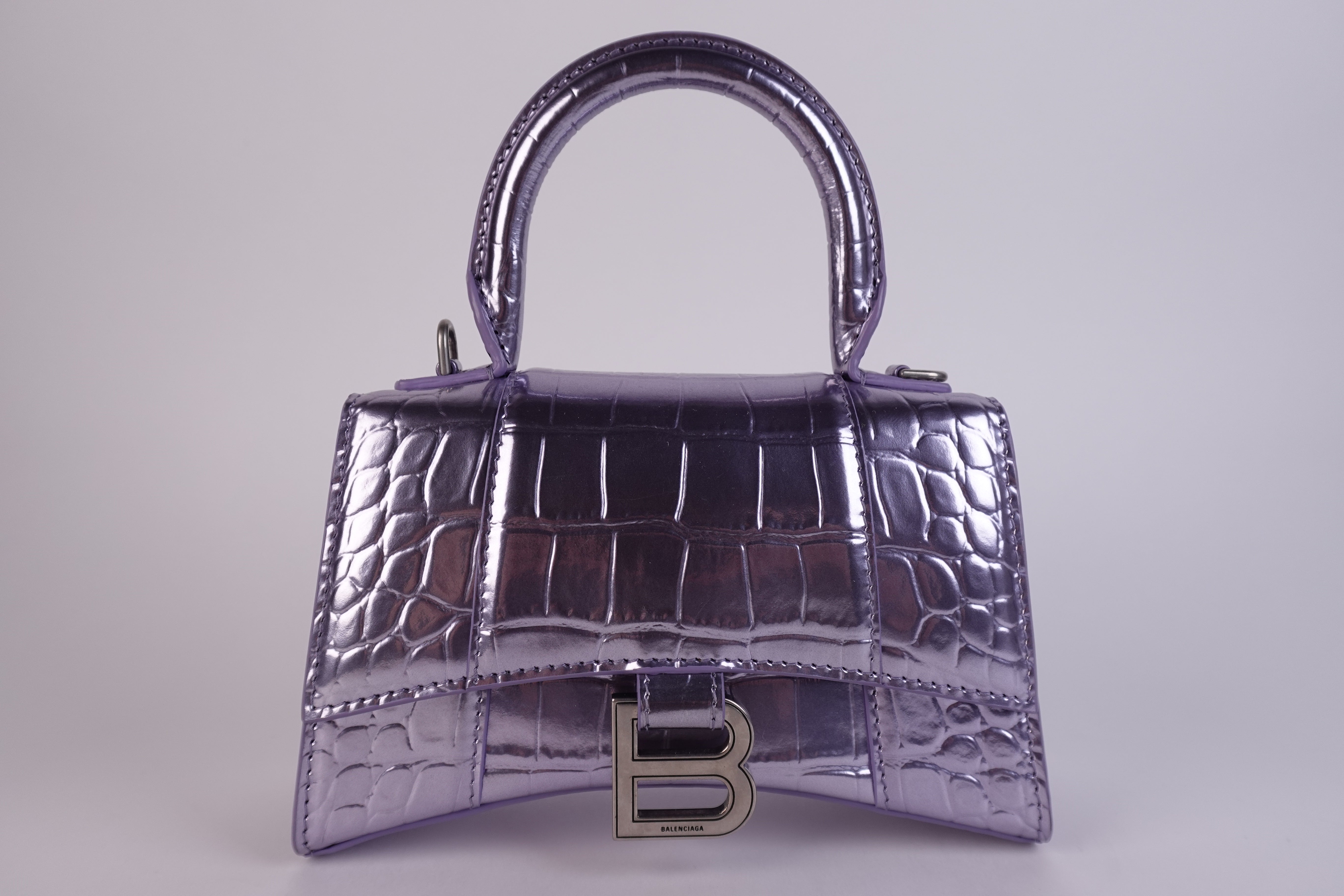 Balenziaga Croc Embossed XS Hourglass Metallic Lilac Purple