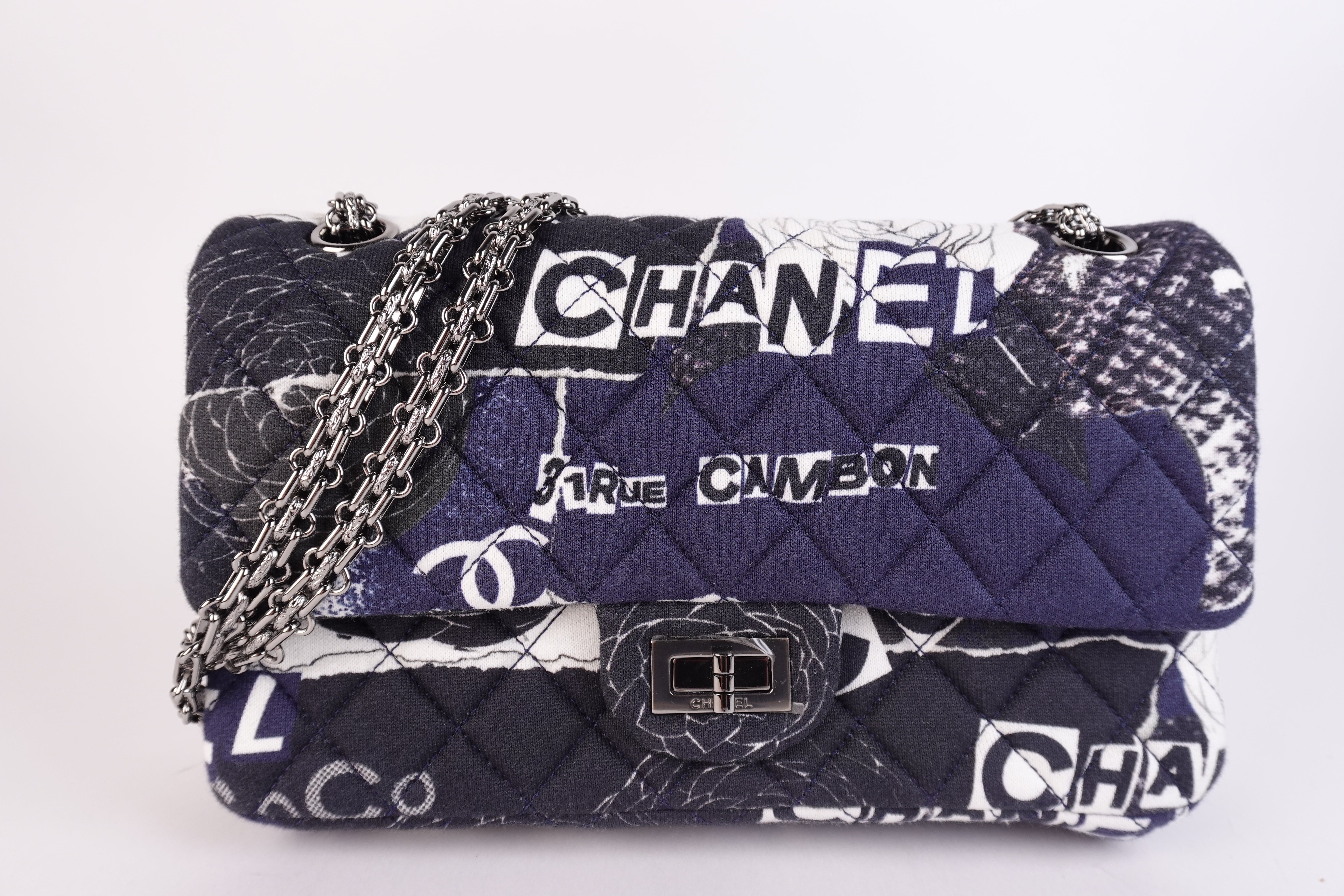 Chanel Jersey Quilted Graffiti Reissue 2.55 Flap Navy Blue