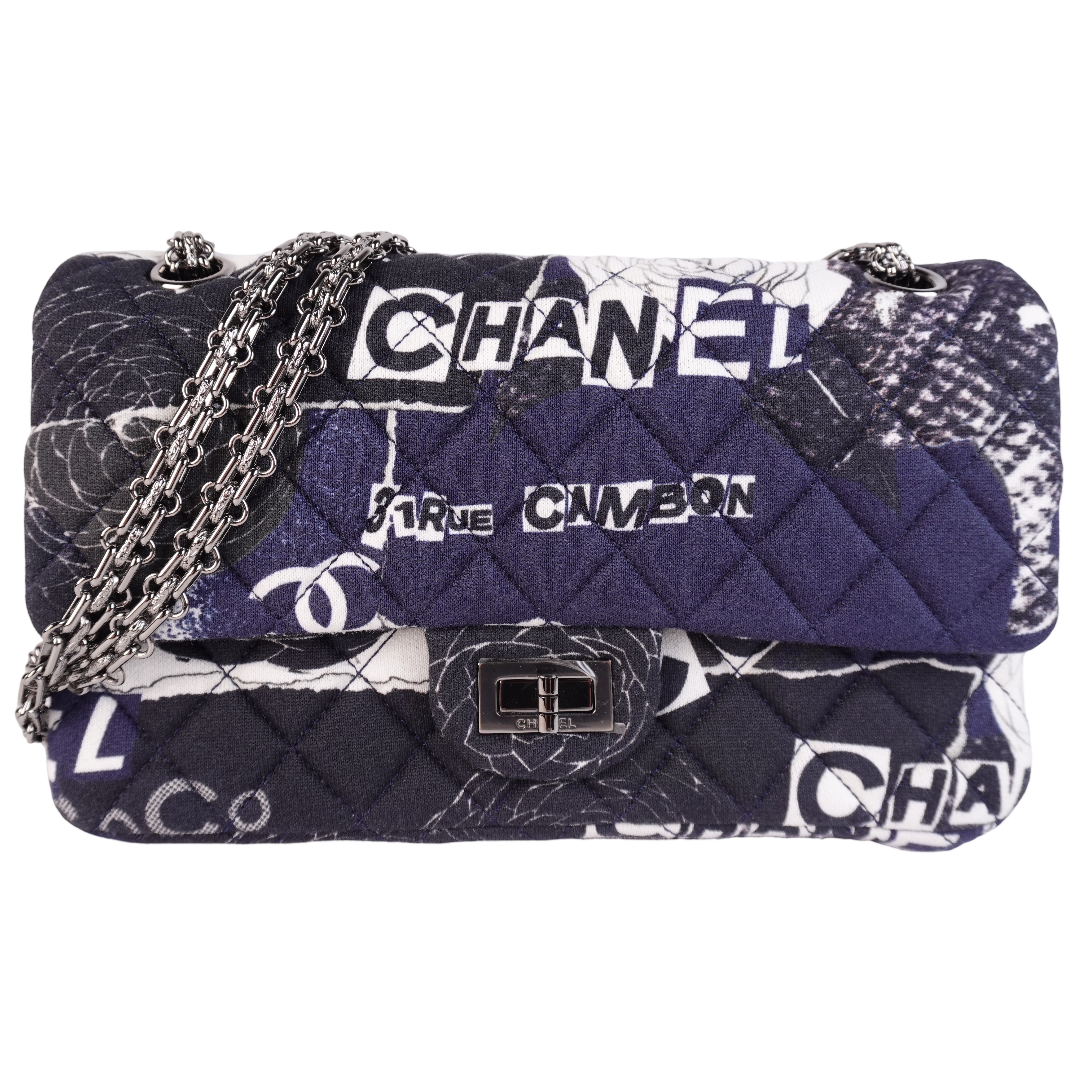 Chanel Jersey Quilted Graffiti Reissue 2.55 Flap Navy Blue