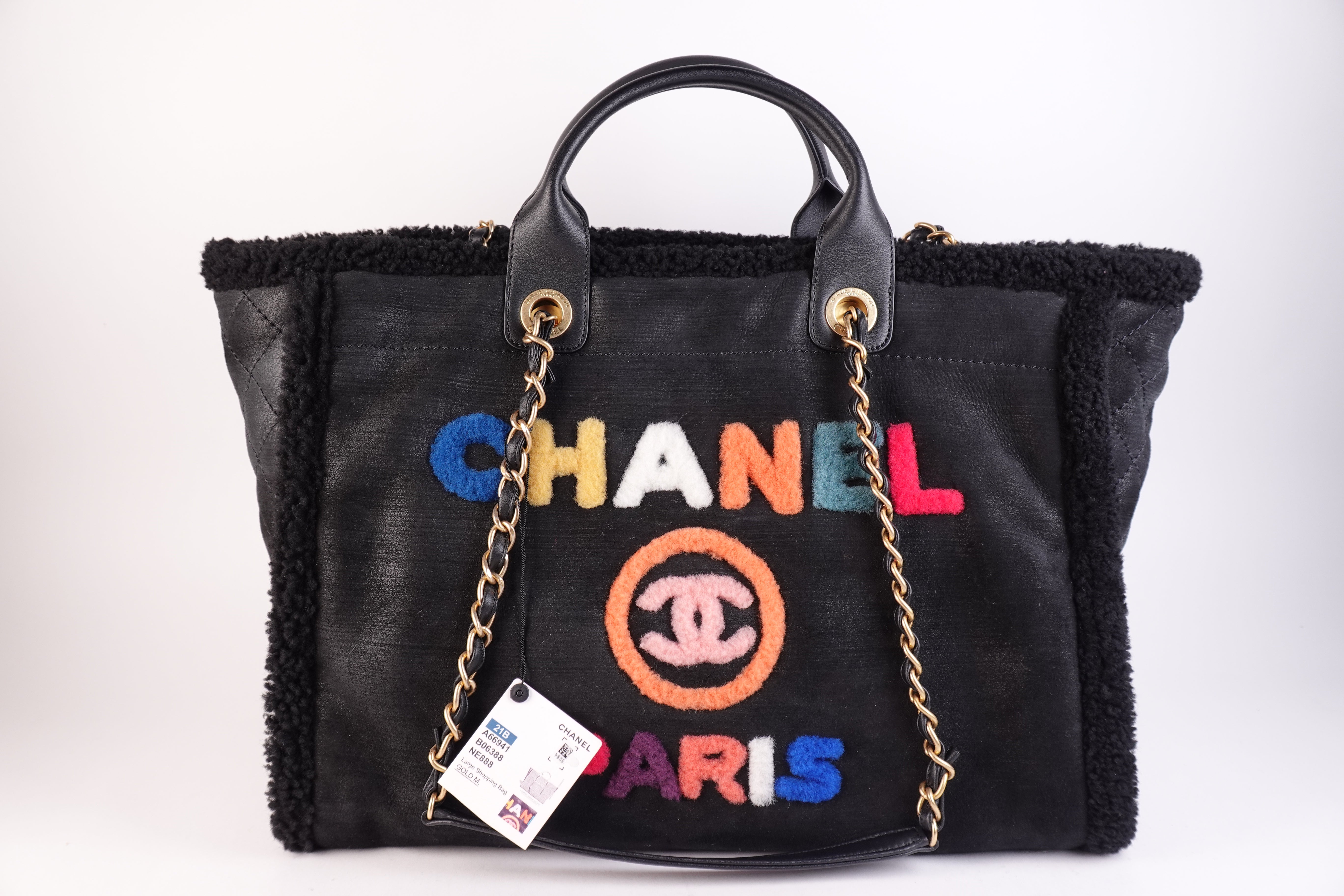 Chanel Rainbow Shearling Medium Deauville Tote Black