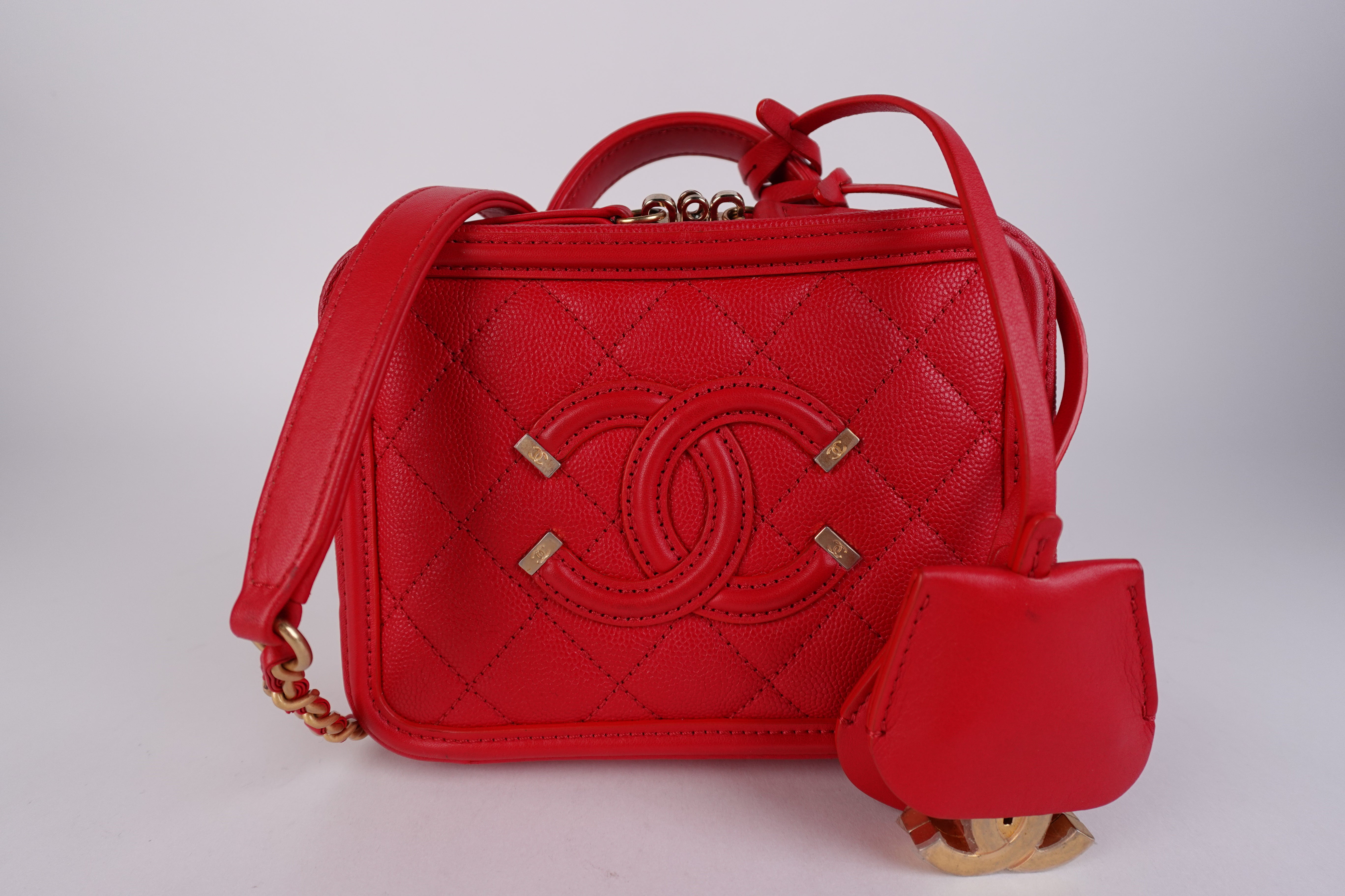 Chanel Caviar Quilted Small Filigree Vanity Case Red