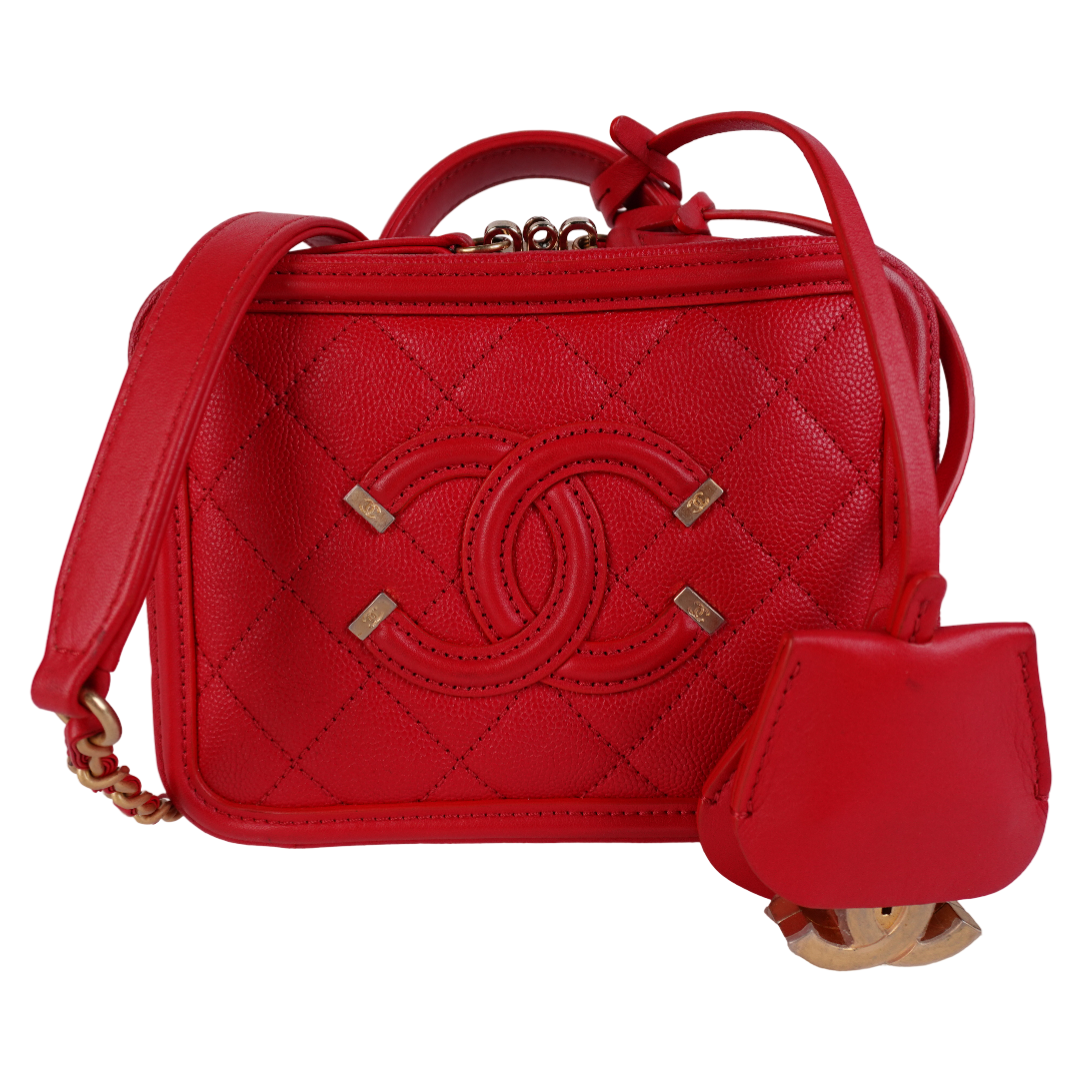 Chanel Caviar Quilted Small Filigree Vanity Case Red