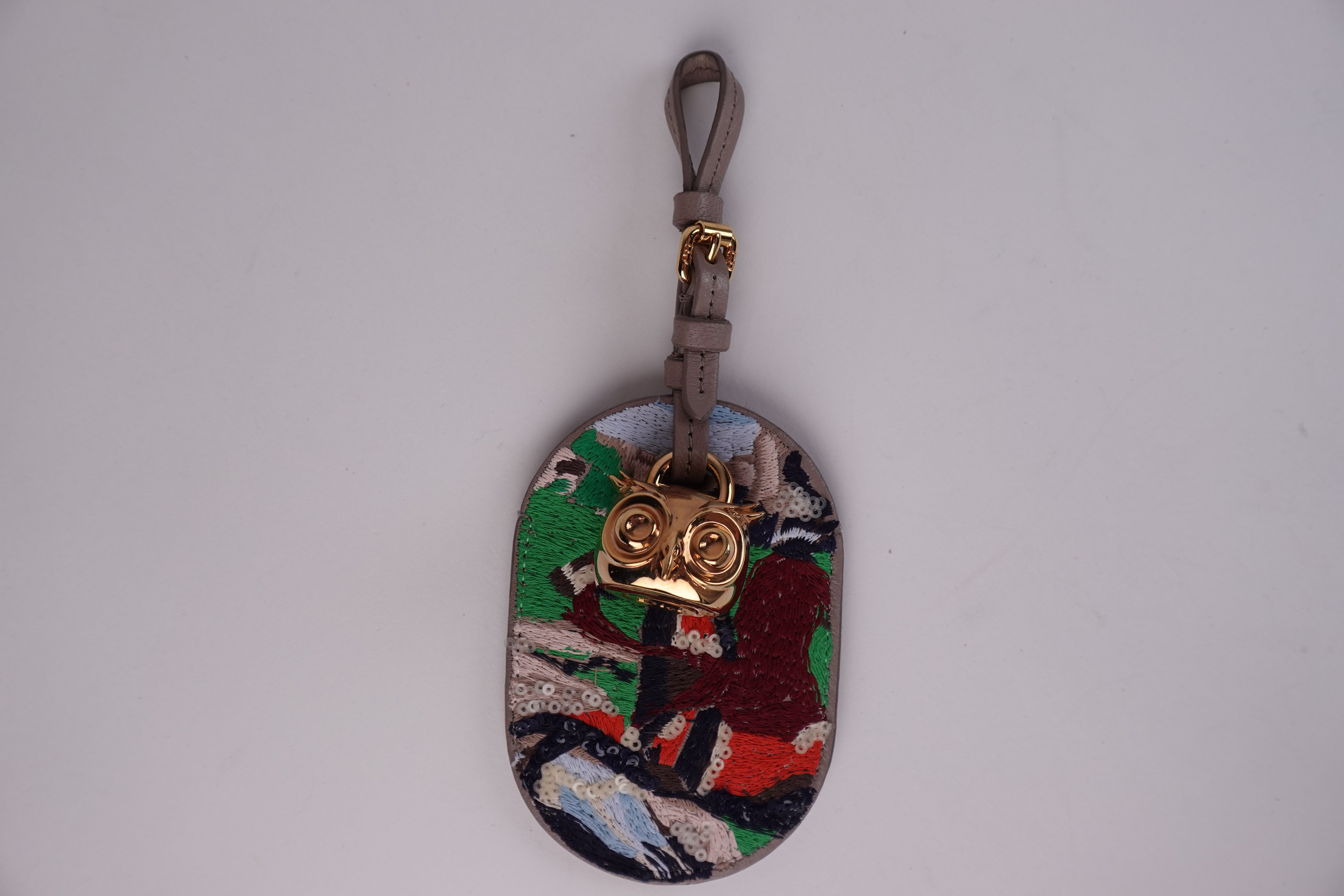 Dior Embroidered Owl Luggage Tag Bag Charm Taupe Multicolor