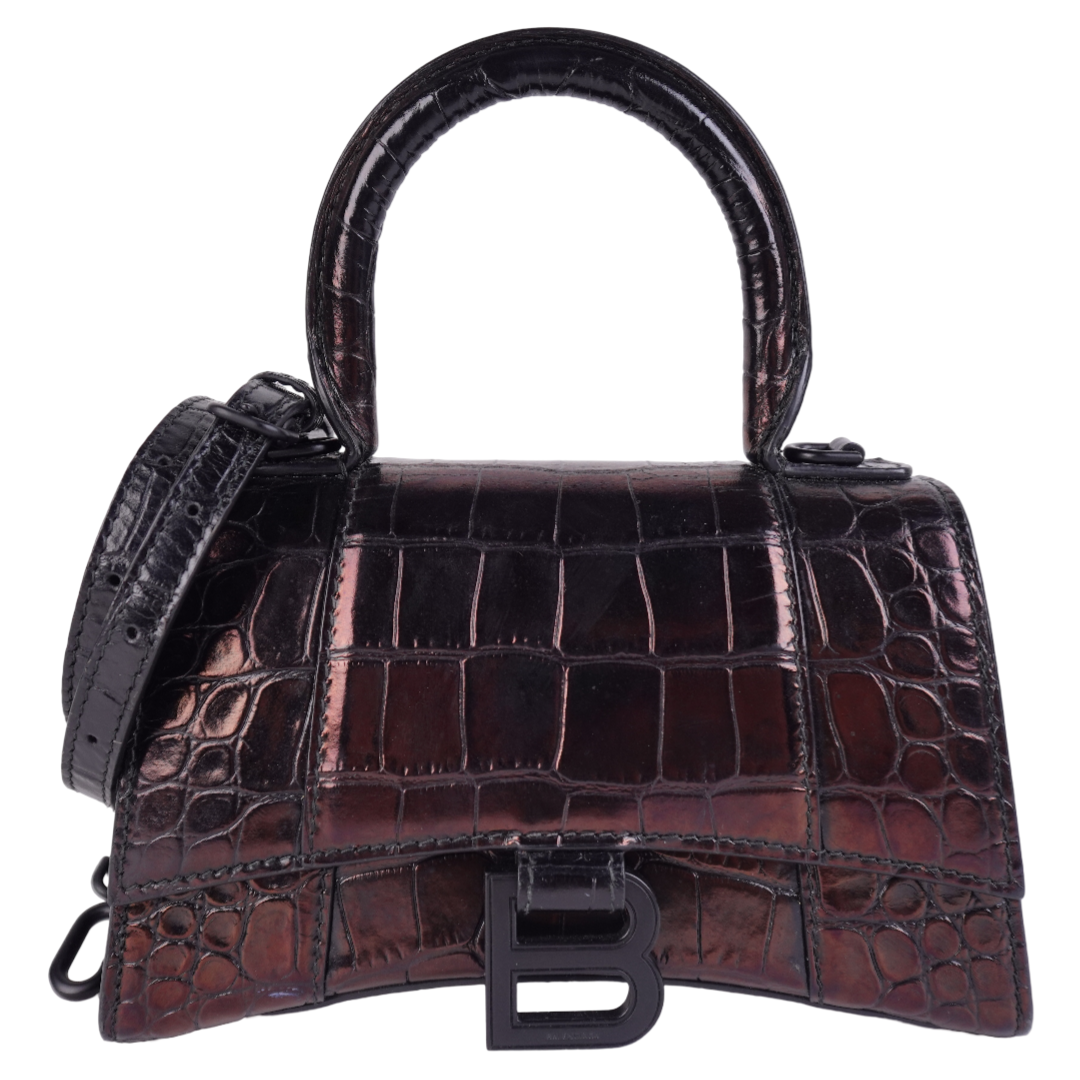 Balenciaga Crocodile Embossed Calfskin XS Hourglass Metallic Black