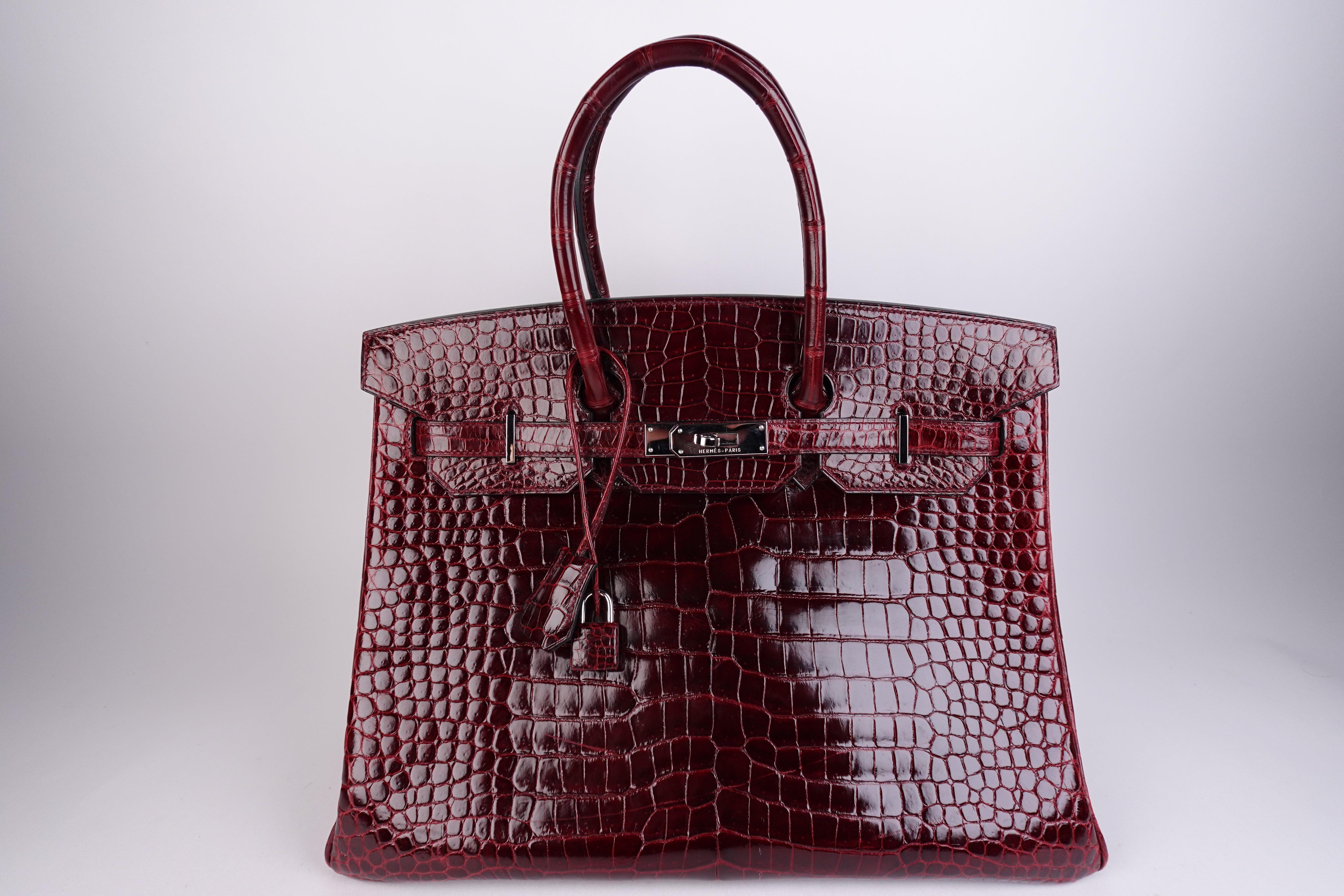 Hermes Shiny Porosus Crocodile Birkin 35 Burgundy Red