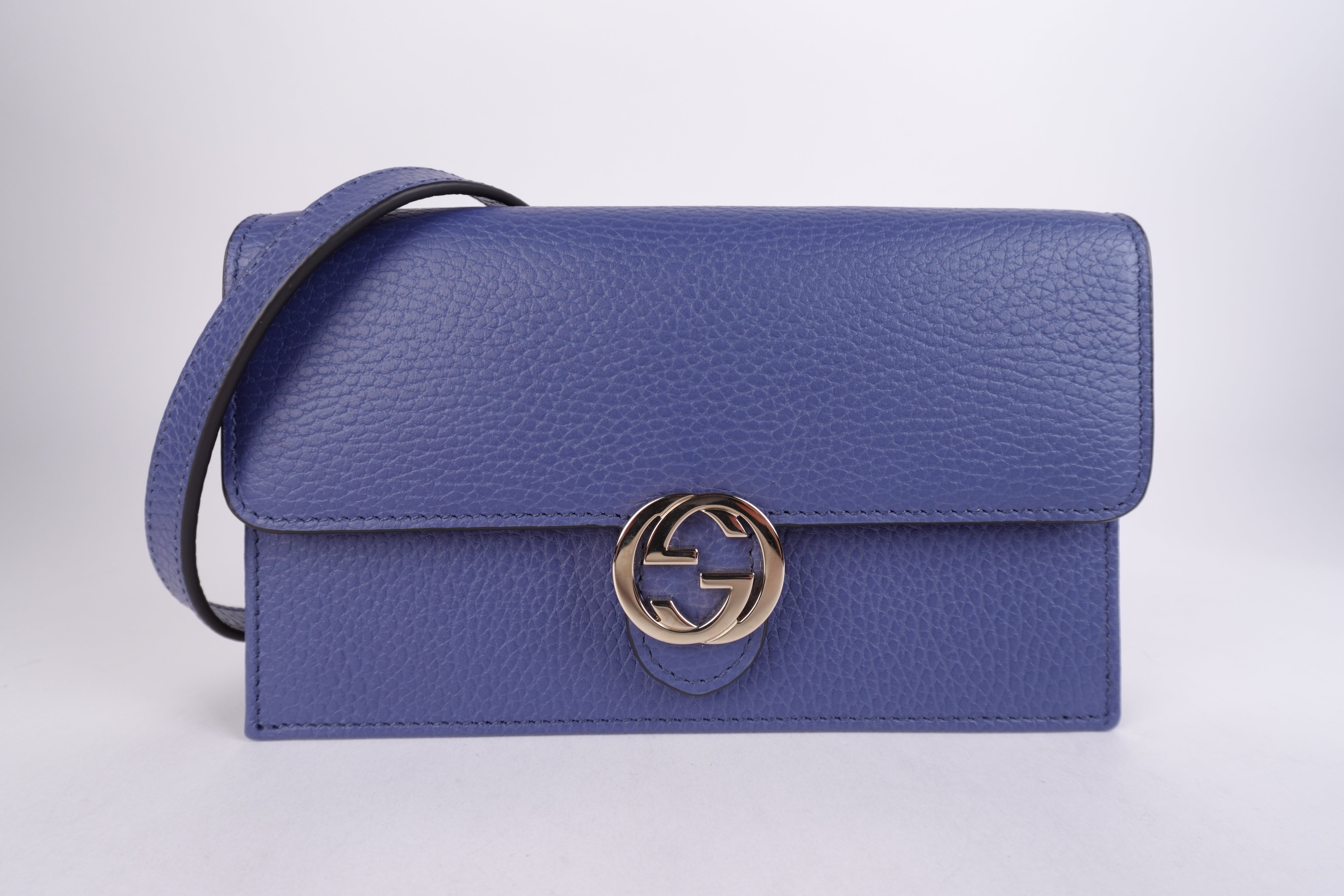 Gucci Calfskin GG Chain Wallet Blue Caspian