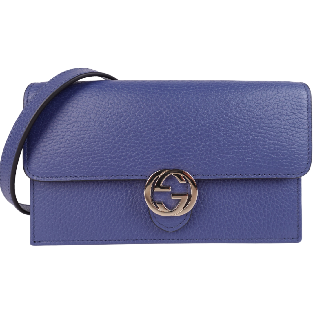 Gucci Calfskin GG Chain Wallet Blue Caspian