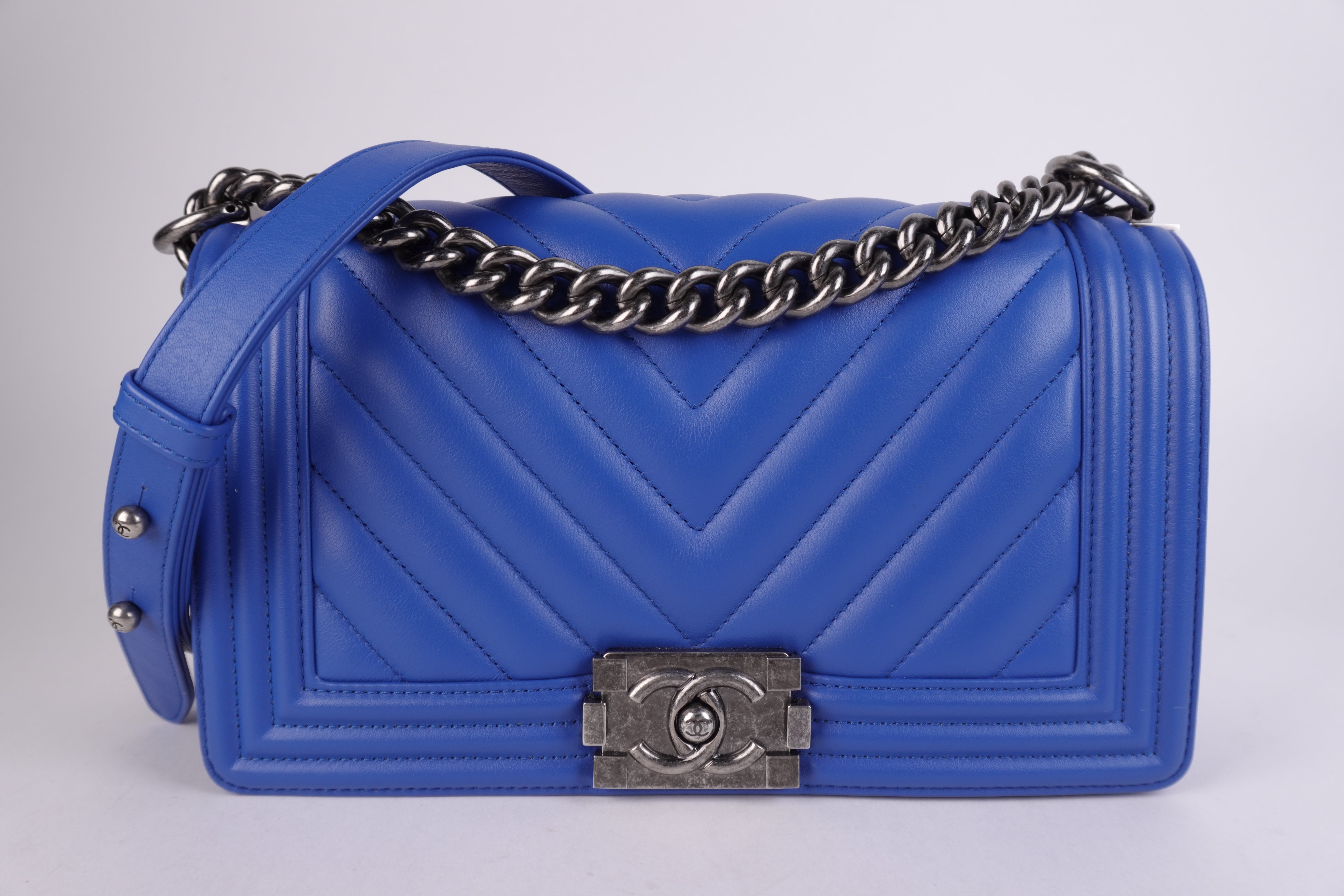 Chanel Lambskin Chevron Quilted Medium Boy Bag Blue