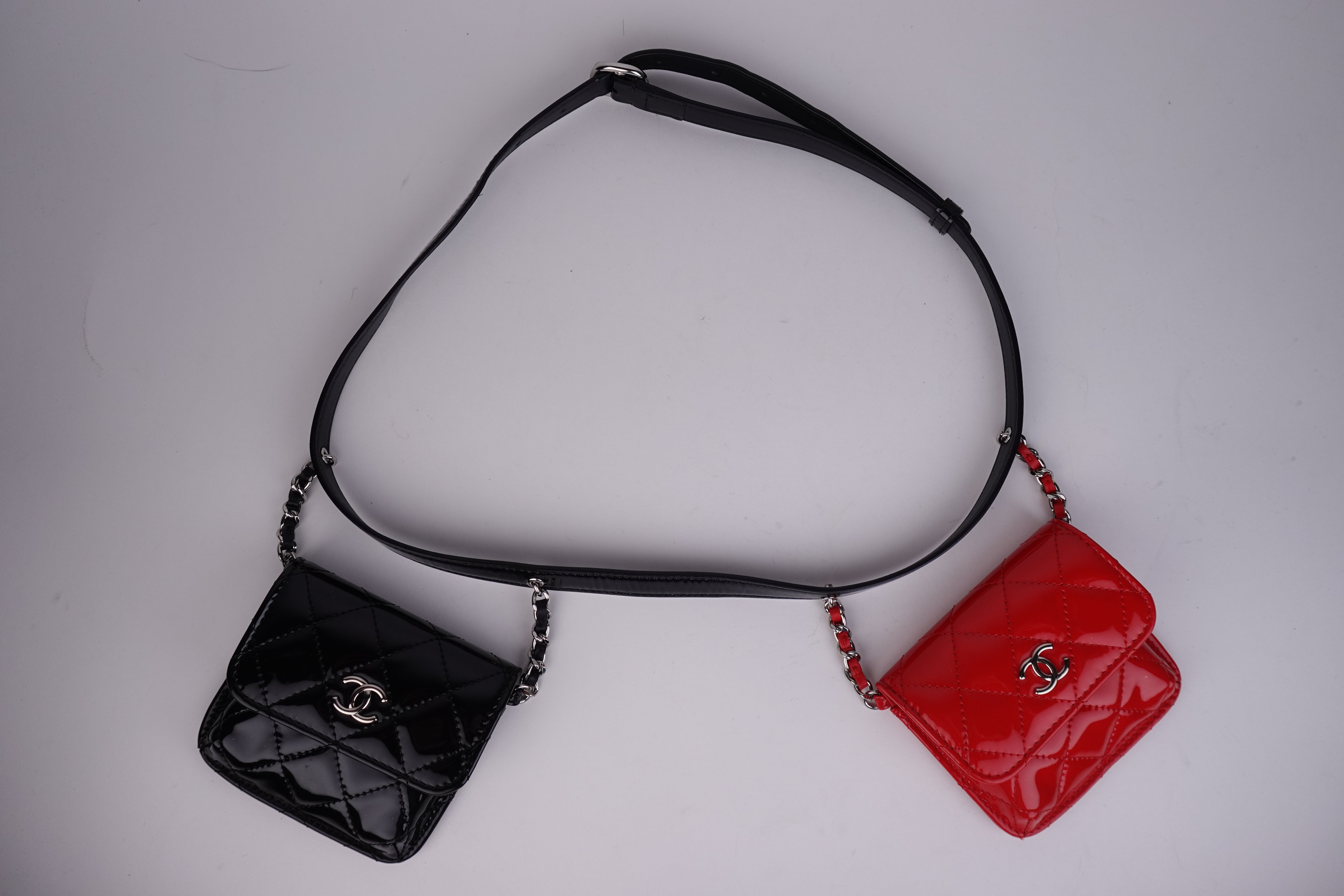 Chanel Patent Quilted Belt In Love Double Mini Flap Waist Bag Black Red